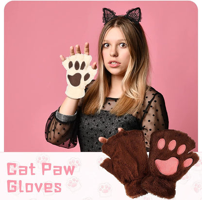 4 Pairs Cat Mittens Gloves Fingerless Cat Paw Mittens Faux Fur Cosplay Bear Kitten Paws Gloves Fluffy Cat Claws Fingerless Mittens for Women Apparel & Accessories > Clothing Accessories > Gloves & Mittens Geyoga   