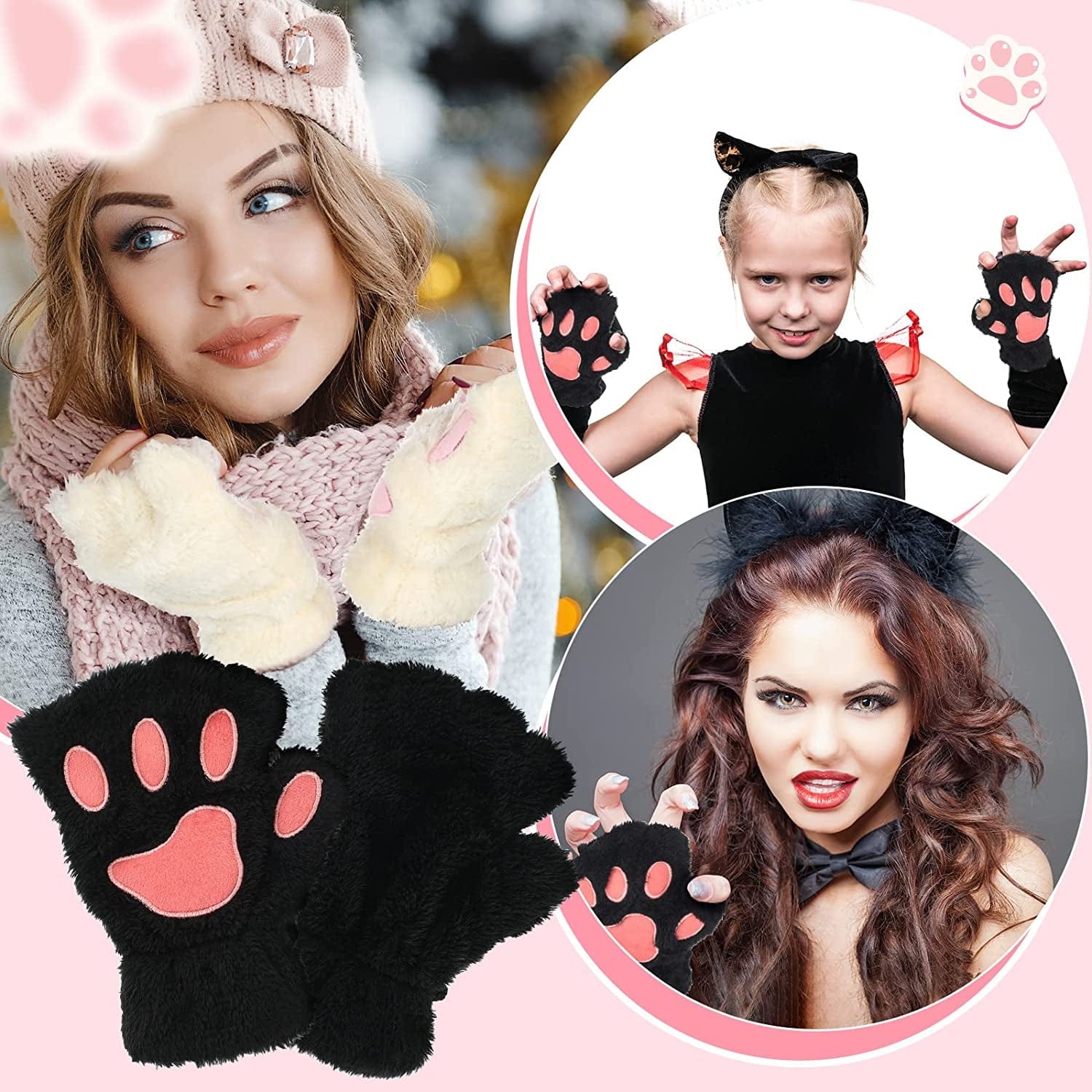 4 Pairs Cat Mittens Gloves Fingerless Cat Paw Mittens Faux Fur Cosplay Bear Kitten Paws Gloves Fluffy Cat Claws Fingerless Mittens for Women Apparel & Accessories > Clothing Accessories > Gloves & Mittens Geyoga   