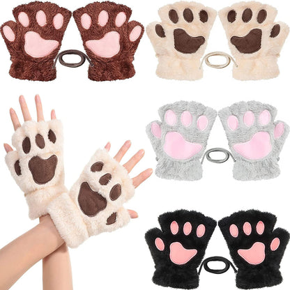 4 Pairs Cat Paw Gloves Fingerless Gloves Mittens Half Finger Paw Gloves Winter Plush Gloves for Kids Adult Cosplay Apparel & Accessories > Clothing Accessories > Gloves & Mittens SATINIOR Black, Beige, Gray and Dark Brown  