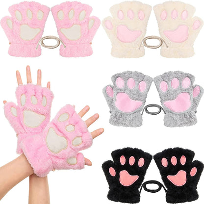 4 Pairs Cat Paw Gloves Fingerless Gloves Mittens Half Finger Paw Gloves Winter Plush Gloves for Kids Adult Cosplay Apparel & Accessories > Clothing Accessories > Gloves & Mittens SATINIOR Natural Colors Set  