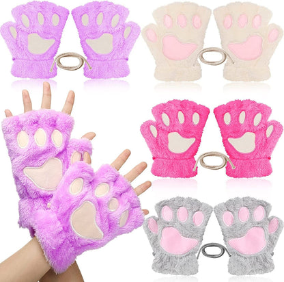 4 Pairs Cat Paw Gloves Fingerless Gloves Mittens Half Finger Paw Gloves Winter Plush Gloves for Kids Adult Cosplay Apparel & Accessories > Clothing Accessories > Gloves & Mittens SATINIOR Classic Colors Set  