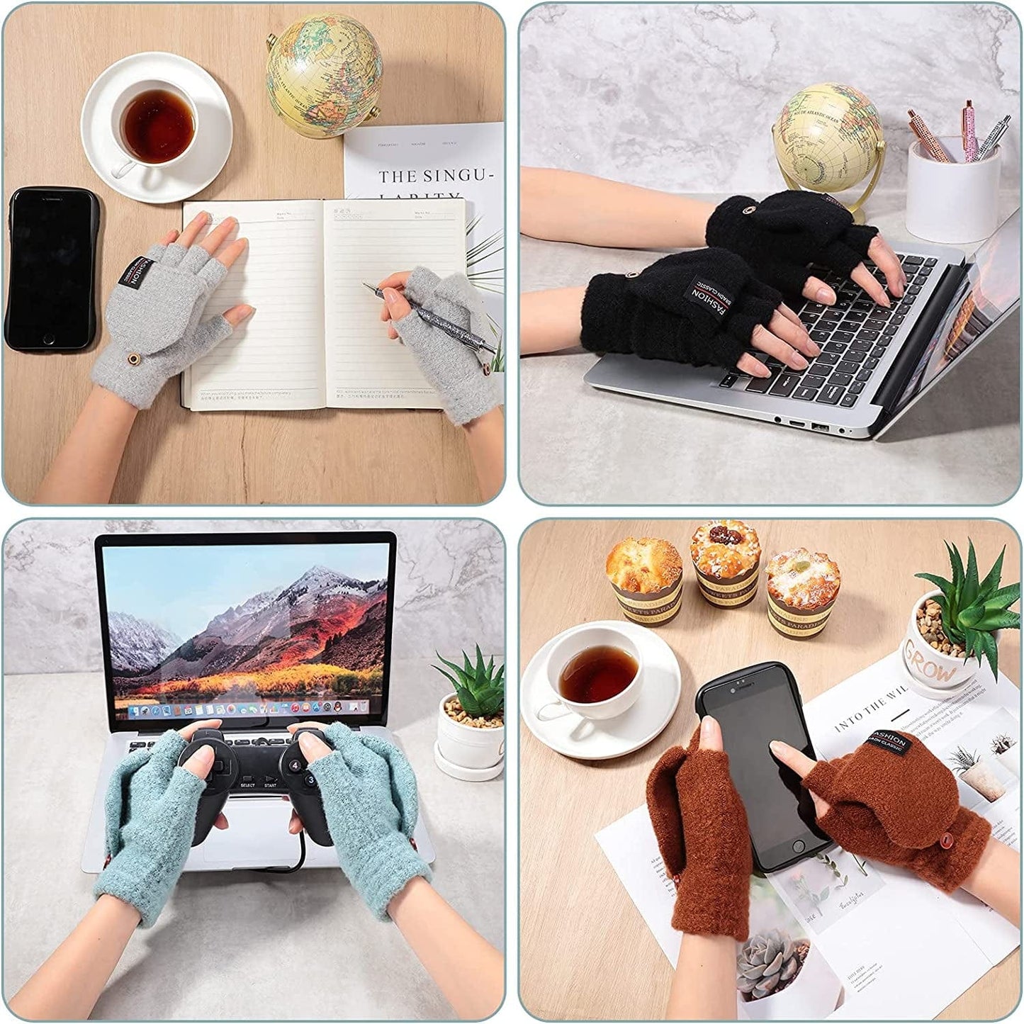 4 Pairs Fingerless Gloves Winter Knitted Mittens with Cover Convertible Mittens for Women Men Cold Weather Apparel & Accessories > Clothing Accessories > Gloves & Mittens SATINIOR   