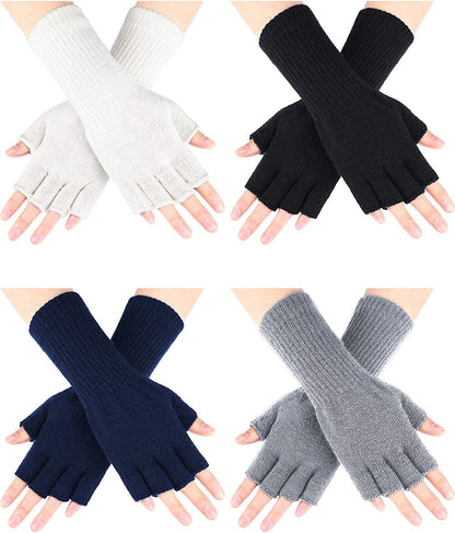 4 Pairs Kids Long Half Fingerless Gloves Knitted Arm Warmers Winter Long Half Stretchy Finger Mittens for Kids Boys and Girls Apparel & Accessories > Clothing Accessories > Gloves & Mittens SATINIOR Black+white+gray+navy Blue for 6-10 Years Old 