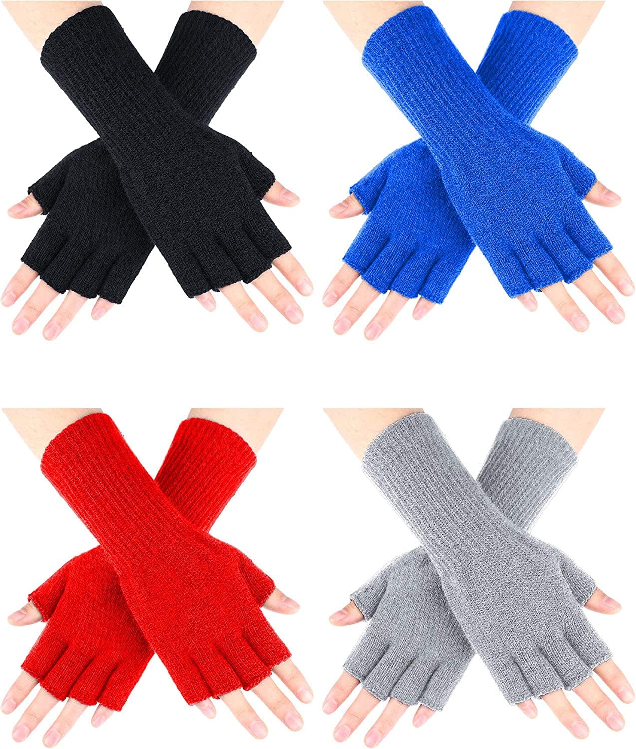4 Pairs Kids Long Half Fingerless Gloves Knitted Arm Warmers Winter Long Half Stretchy Finger Mittens for Kids Boys and Girls Apparel & Accessories > Clothing Accessories > Gloves & Mittens SATINIOR Royal Blue+red+gray+black for 10-15 Years Old 