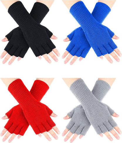 4 Pairs Kids Long Half Fingerless Gloves Knitted Arm Warmers Winter Long Half Stretchy Finger Mittens for Kids Boys and Girls Apparel & Accessories > Clothing Accessories > Gloves & Mittens SATINIOR Royal Blue+red+gray+black for 10-15 Years Old 
