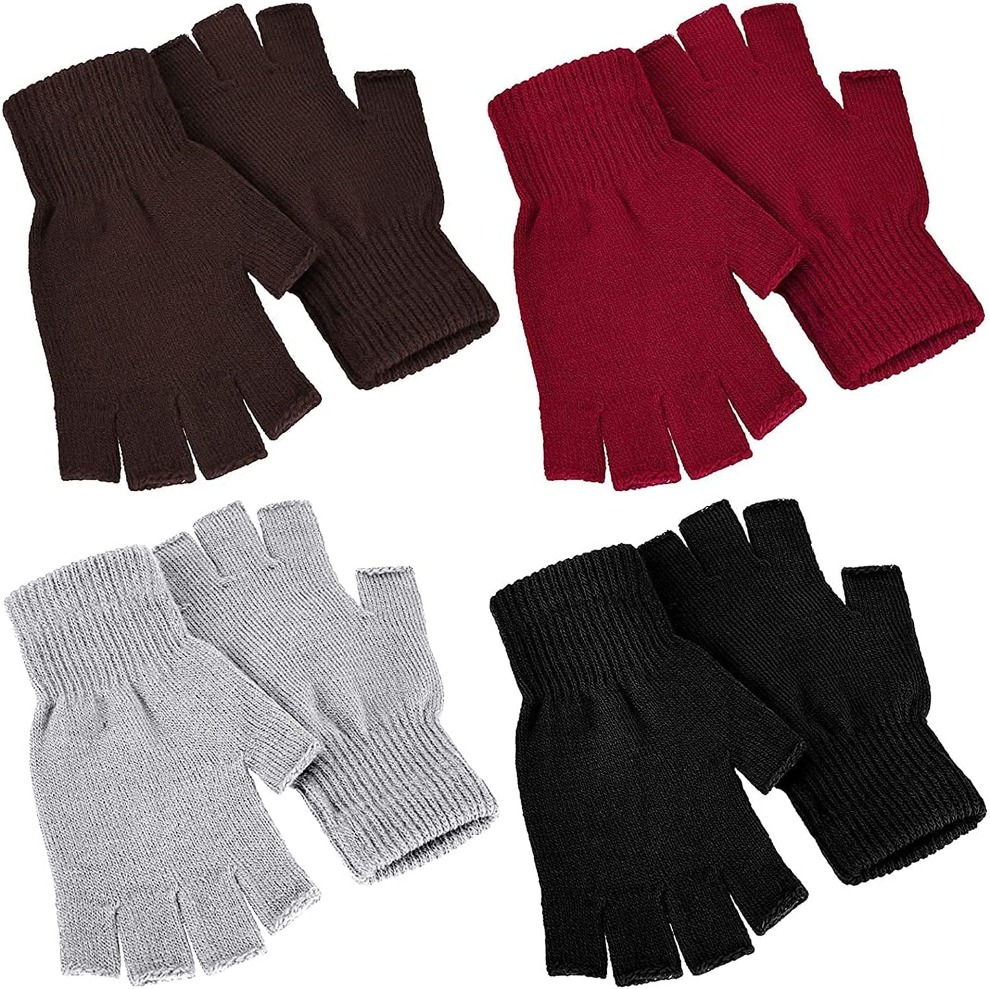 4 Pairs Winter Half Finger Gloves Knitted Fingerless Mittens Warm Stretchy Gloves for Men and Women Apparel & Accessories > Clothing Accessories > Gloves & Mittens SATINIOR Black, Red, Brown, Light Gray  