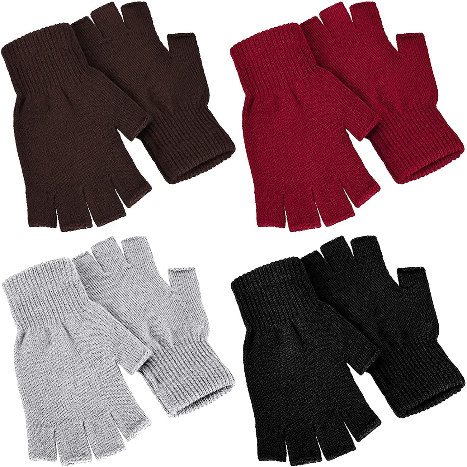 4 Pairs Winter Half Finger Gloves Knitted Fingerless Mittens Warm Stretchy Gloves for Men and Women Apparel & Accessories > Clothing Accessories > Gloves & Mittens SATINIOR Black, Red, Brown, Light Gray  