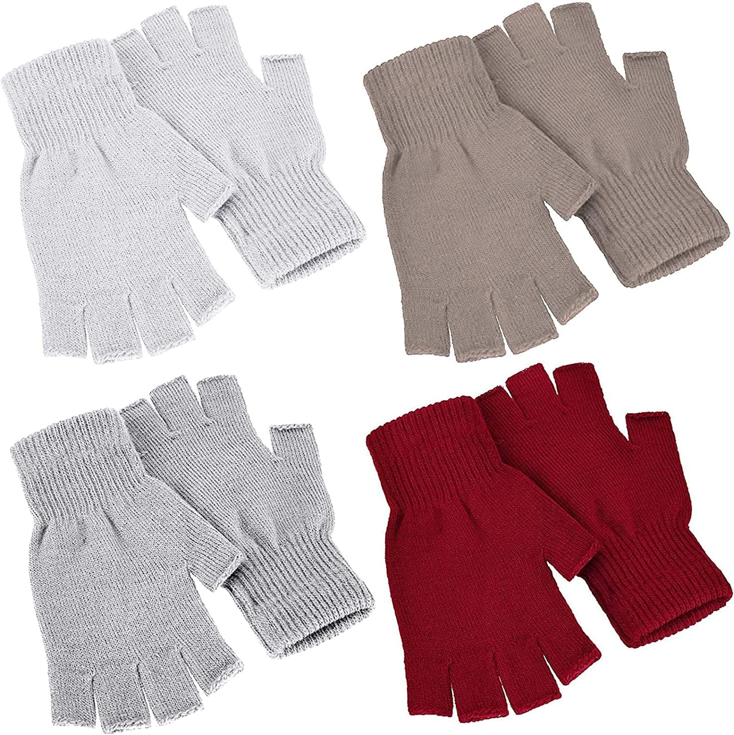 4 Pairs Winter Half Finger Gloves Knitted Fingerless Mittens Warm Stretchy Gloves for Men and Women Apparel & Accessories > Clothing Accessories > Gloves & Mittens SATINIOR Light Grey, Light Khaki, Red, White  