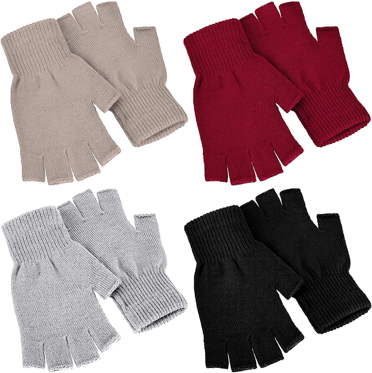 4 Pairs Winter Half Finger Gloves Knitted Fingerless Mittens Warm Stretchy Gloves for Men and Women Apparel & Accessories > Clothing Accessories > Gloves & Mittens SATINIOR Black, Red, Khaki, Light Gray  