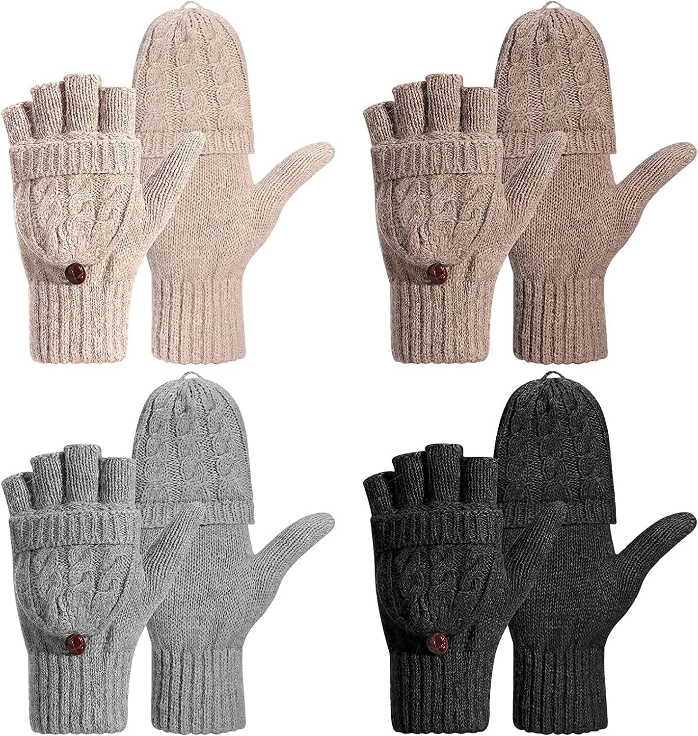 4 Pairs Women Winter Convertible Gloves Fingerless Mittens Warm Knit Flip Wool Gloves Knitted Half Finger Gloves with Cover Apparel & Accessories > Clothing Accessories > Gloves & Mittens Tarpop Black, Gray, Brown, Khaki  