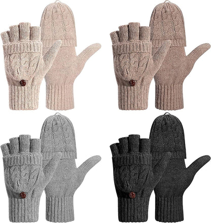 4 Pairs Women Winter Convertible Gloves Fingerless Mittens Warm Knit Flip Wool Gloves Knitted Half Finger Gloves with Cover Apparel & Accessories > Clothing Accessories > Gloves & Mittens Tarpop Black, Gray, Brown, Khaki  