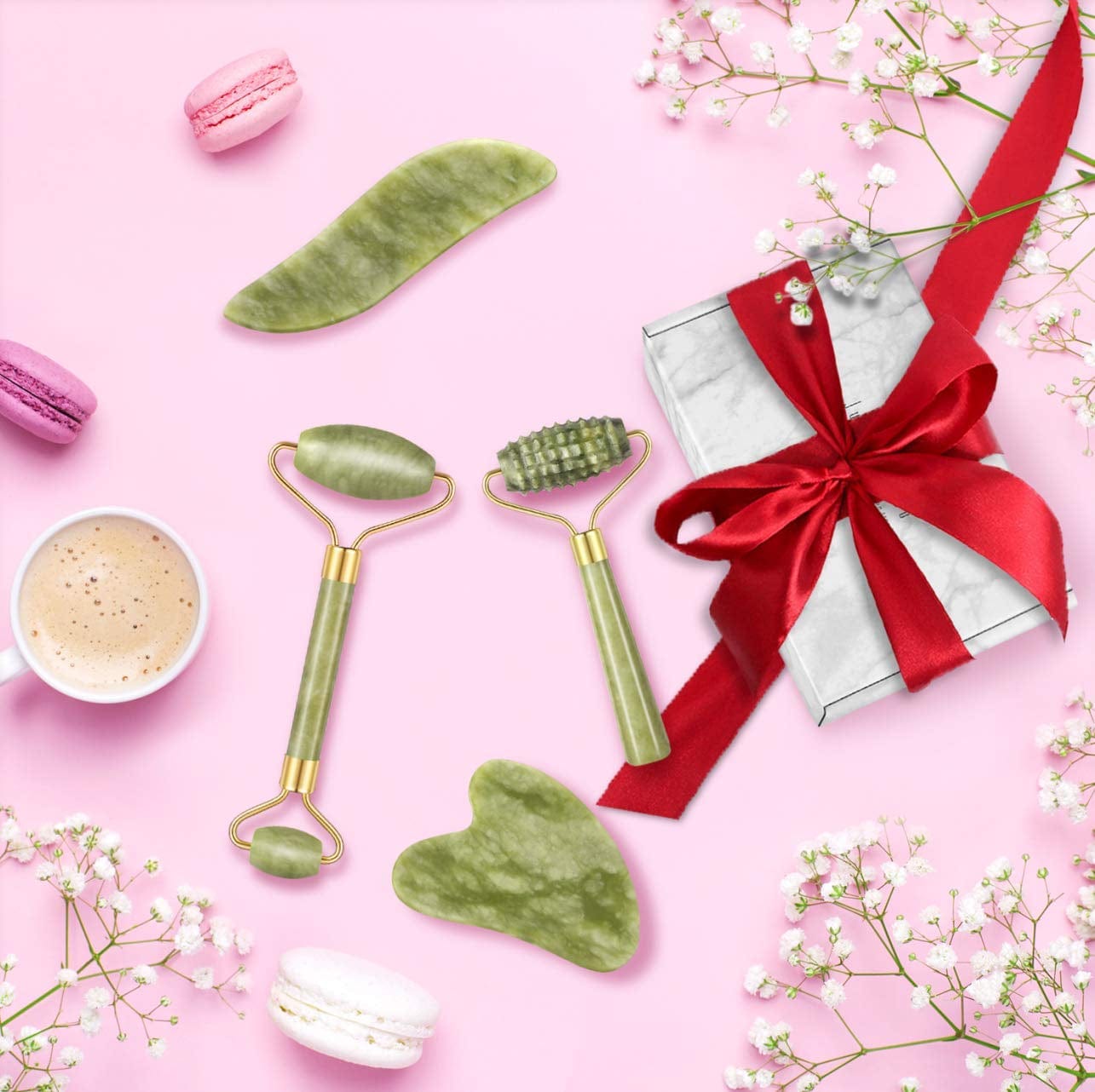 4-Pcs Jade Roller & Gua Sha Set, Facial Roller Massager with Gua Sha Scraping Tool, Jade Stone Massager for Anti-Aging, Slimming & Firming, Rejuvenate Face and Neck, Remove Wrinkles & Eye Puffiness Health & Beauty > Personal Care > Cosmetics > Cosmetic Tools > Skin Care Tools Charmonic   