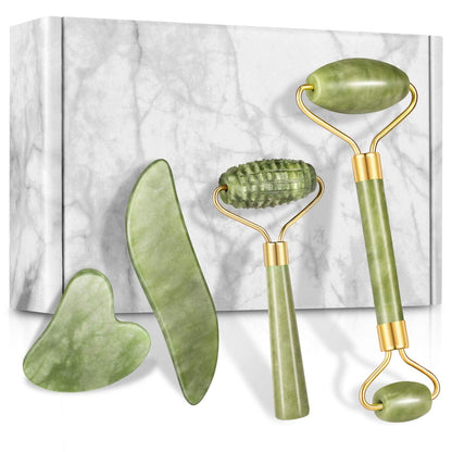 4-Pcs Jade Roller & Gua Sha Set, Facial Roller Massager with Gua Sha Scraping Tool, Jade Stone Massager for Anti-Aging, Slimming & Firming, Rejuvenate Face and Neck, Remove Wrinkles & Eye Puffiness Health & Beauty > Personal Care > Cosmetics > Cosmetic Tools > Skin Care Tools Charmonic 4 Pcs-Green  