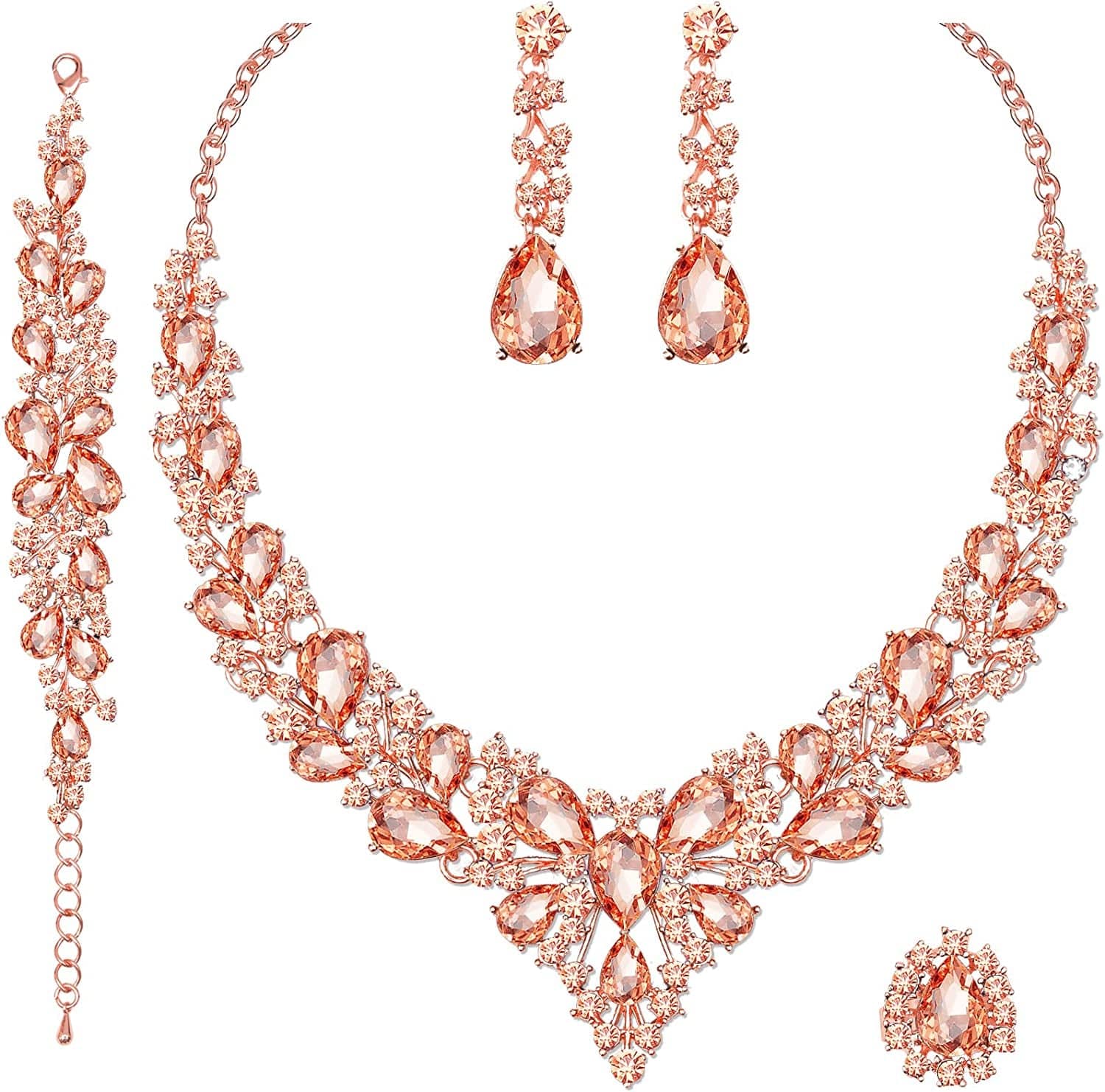 4 Pcs/Set Austrian Crystal Necklace Earrings Bracelet Ring Bridal Jewelry Sets for Brides Wedding Party Costume Accessories Gifts for Women 02-rose gold-peach
