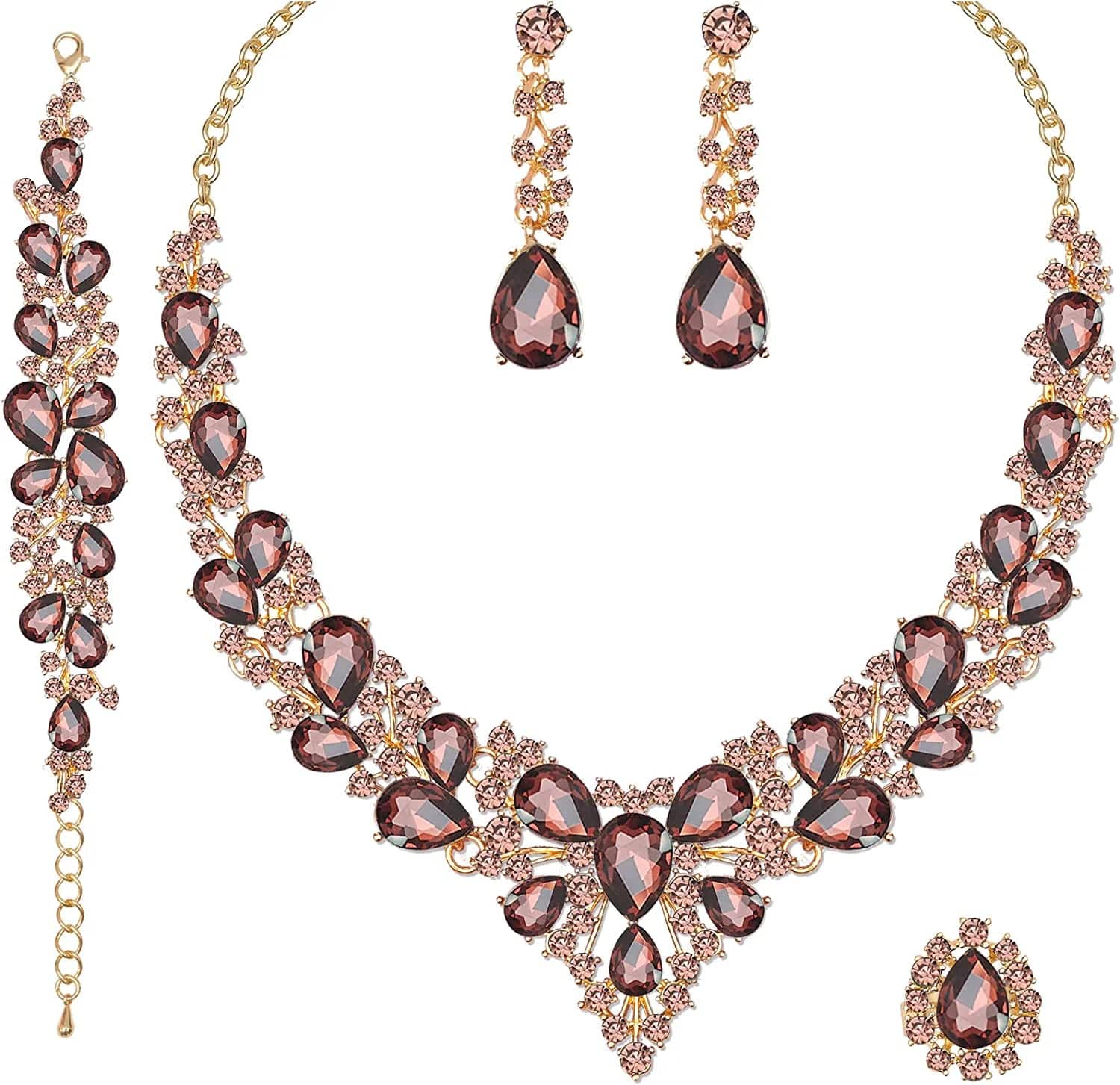 4 Pcs/Set Austrian Crystal Necklace Earrings Bracelet Ring Bridal Jewelry Sets for Brides Wedding Party Costume Accessories Gifts for Women 02-gold plated-amethyst