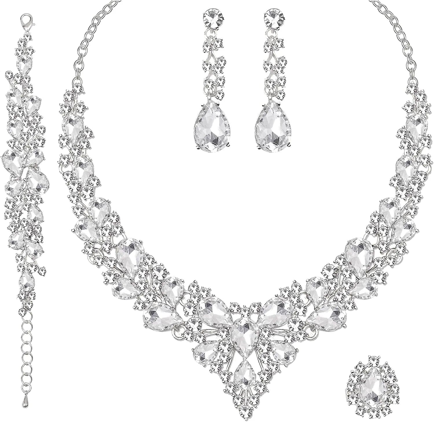 4 Pcs/Set Austrian Crystal Necklace Earrings Bracelet Ring Bridal Jewelry Sets for Brides Wedding Party Costume Accessories Gifts for Women 02-white gold-white