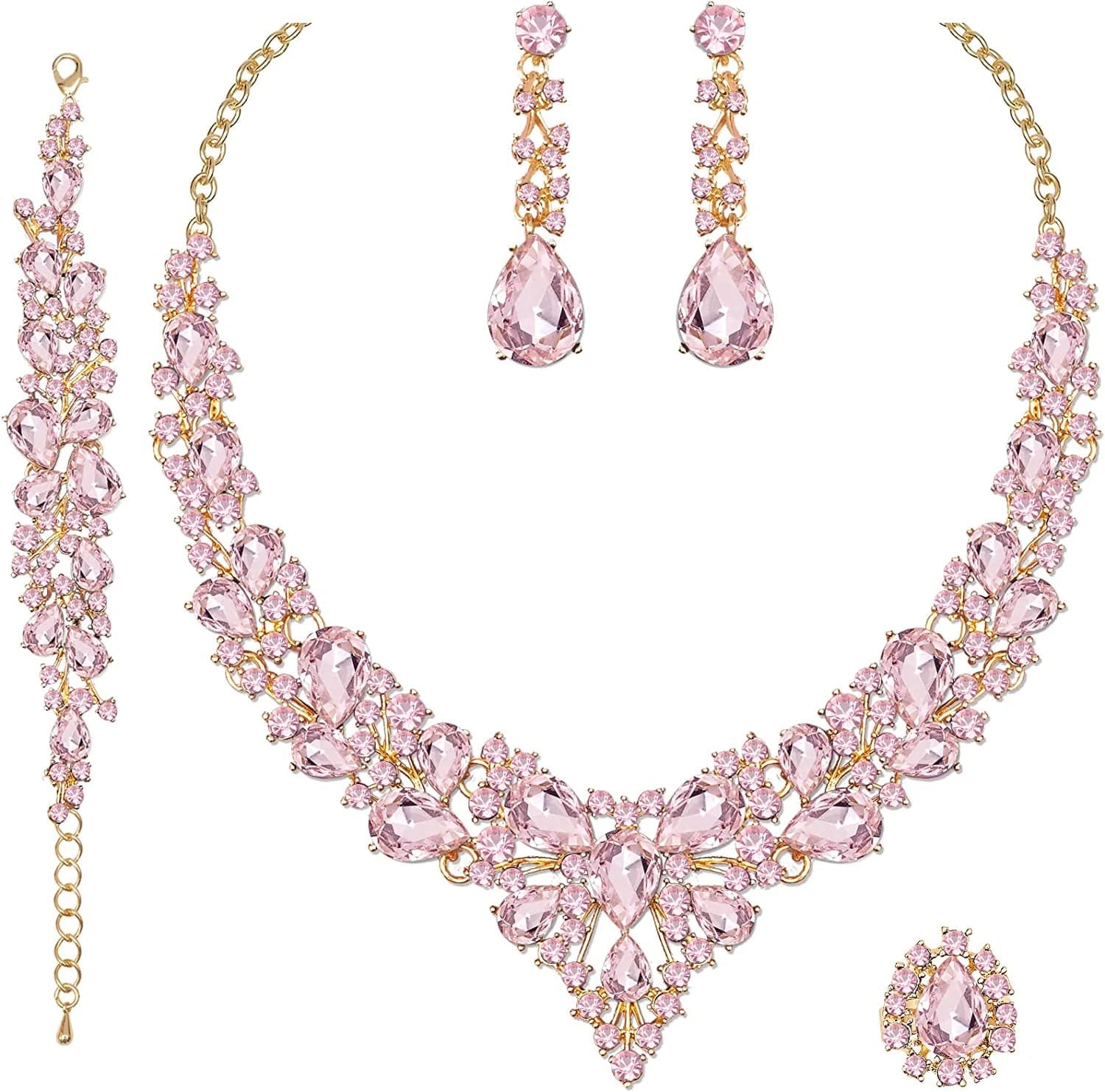 4 Pcs/Set Austrian Crystal Necklace Earrings Bracelet Ring Bridal Jewelry Sets for Brides Wedding Party Costume Accessories Gifts for Women 02-gold plated-pink
