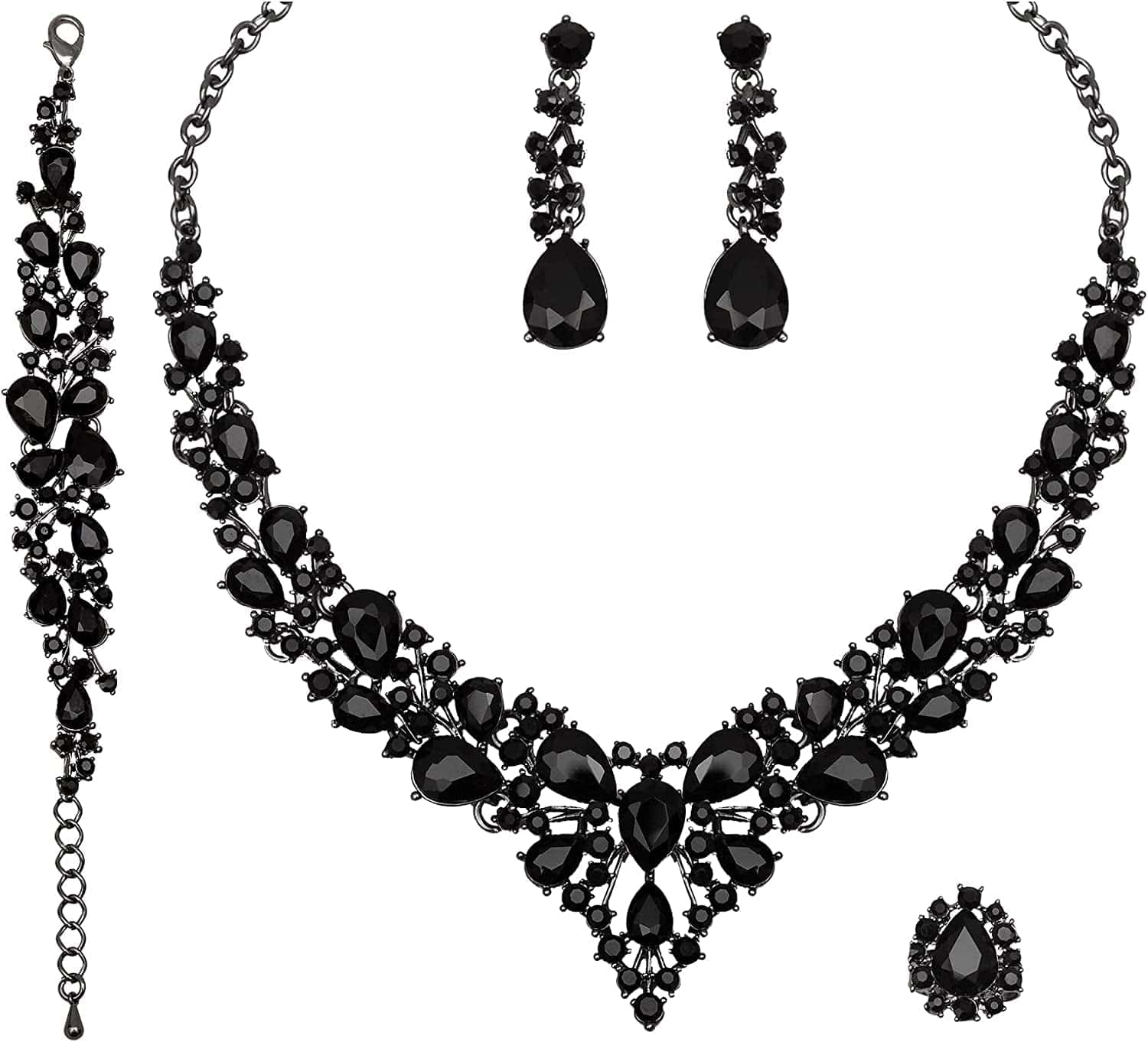 4 Pcs/Set Austrian Crystal Necklace Earrings Bracelet Ring Bridal Jewelry Sets for Brides Wedding Party Costume Accessories Gifts for Women 02-black