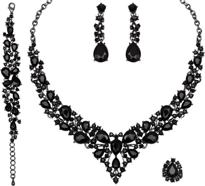 4 Pcs/Set Austrian Crystal Necklace Earrings Bracelet Ring Bridal Jewelry Sets for Brides Wedding Party Costume Accessories Gifts for Women 02-black