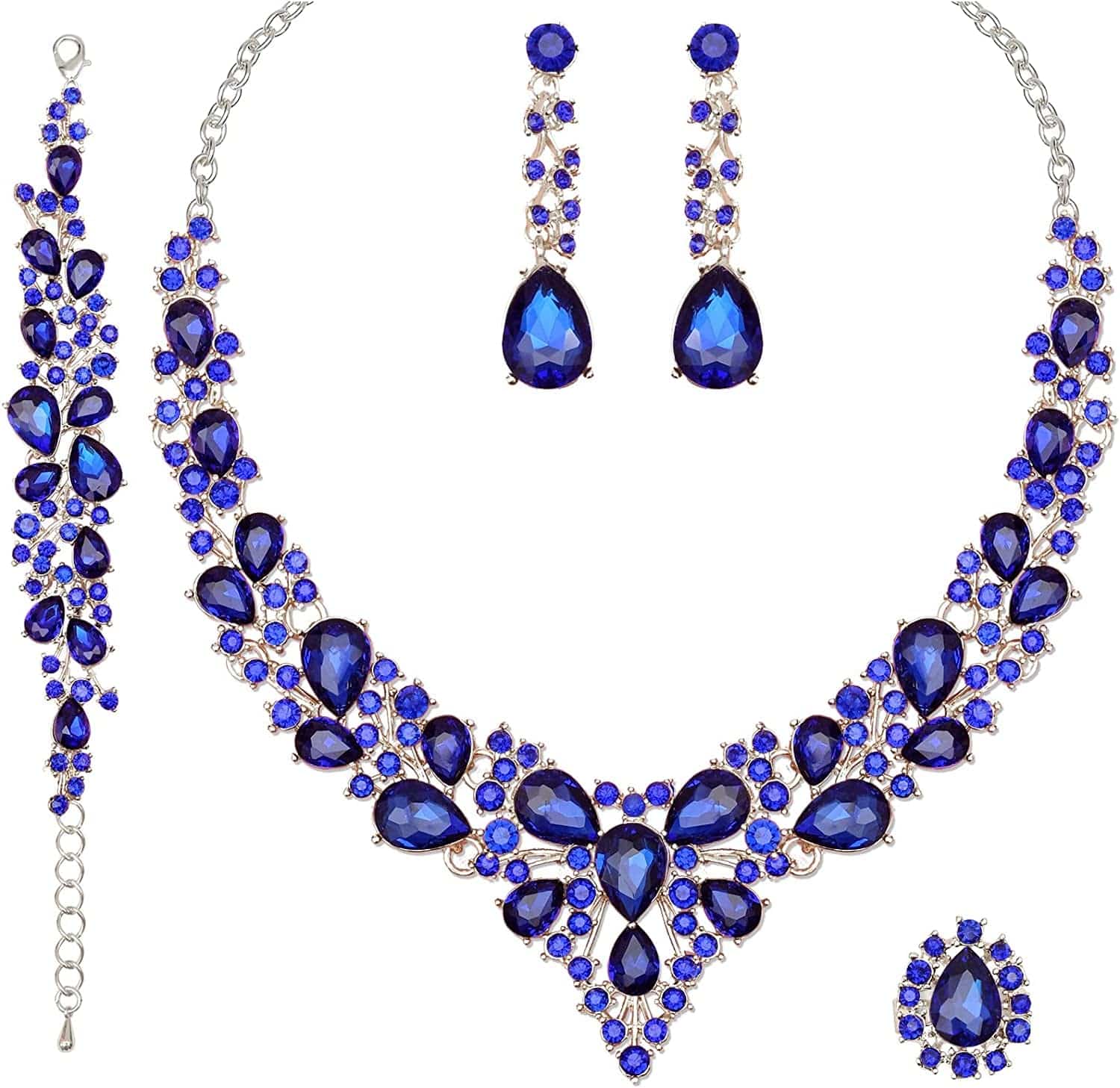 4 Pcs/Set Austrian Crystal Necklace Earrings Bracelet Ring Bridal Jewelry Sets for Brides Wedding Party Costume Accessories Gifts for Women white gold plated-royal blue