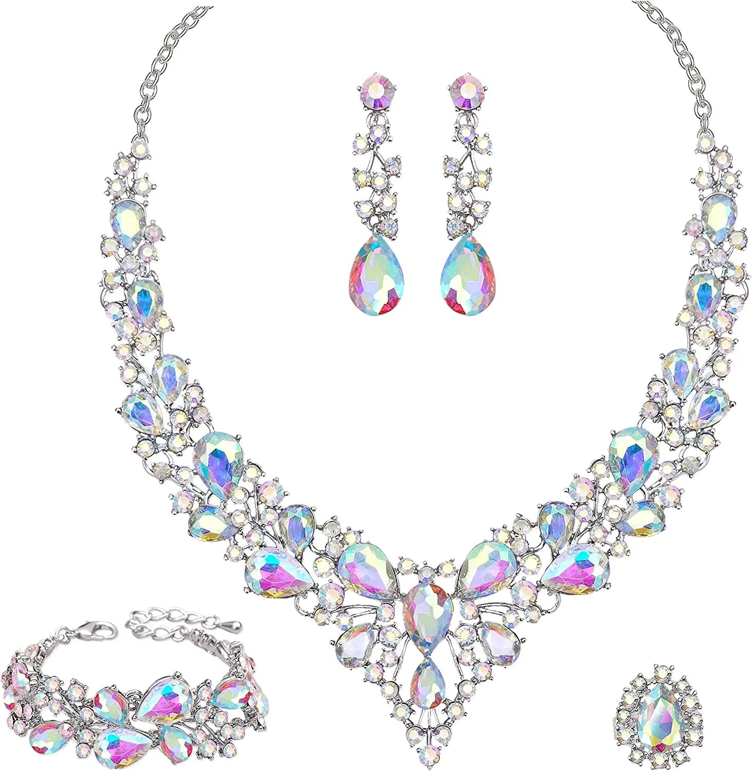 4 Pcs/Set Austrian Crystal Necklace Earrings Bracelet Ring Bridal Jewelry Sets for Brides Wedding Party Costume Accessories Gifts for Women 02-white gold-white AB