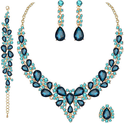 4 Pcs/Set Austrian Crystal Necklace Earrings Bracelet Ring Bridal Jewelry Sets for Brides Wedding Party Costume Accessories Gifts for Women 02-gold plated-aquamarine
