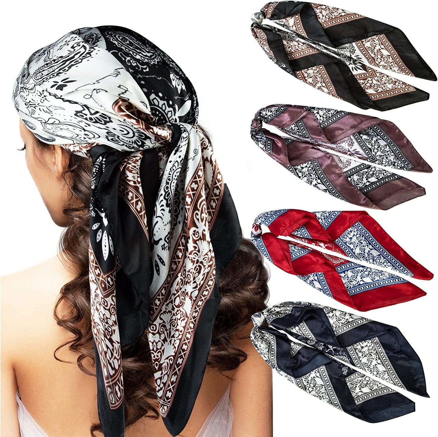 4 Pcs Silk Feeling Head Scarf for Women, 35 X 35 Inches Silky Satin Neck Head Hair Scarf for Women Fashion Gifts Apparel & Accessories > Clothing Accessories > Bandanas & Headties Chalier Fashion Garnet  