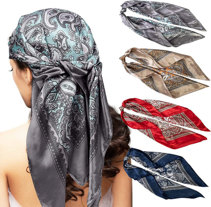 4 Pcs Silk Feeling Head Scarf for Women, 35 X 35 Inches Silky Satin Neck Head Hair Scarf for Women Fashion Gifts Apparel & Accessories > Clothing Accessories > Bandanas & Headties Chalier Fashion Pea Green  