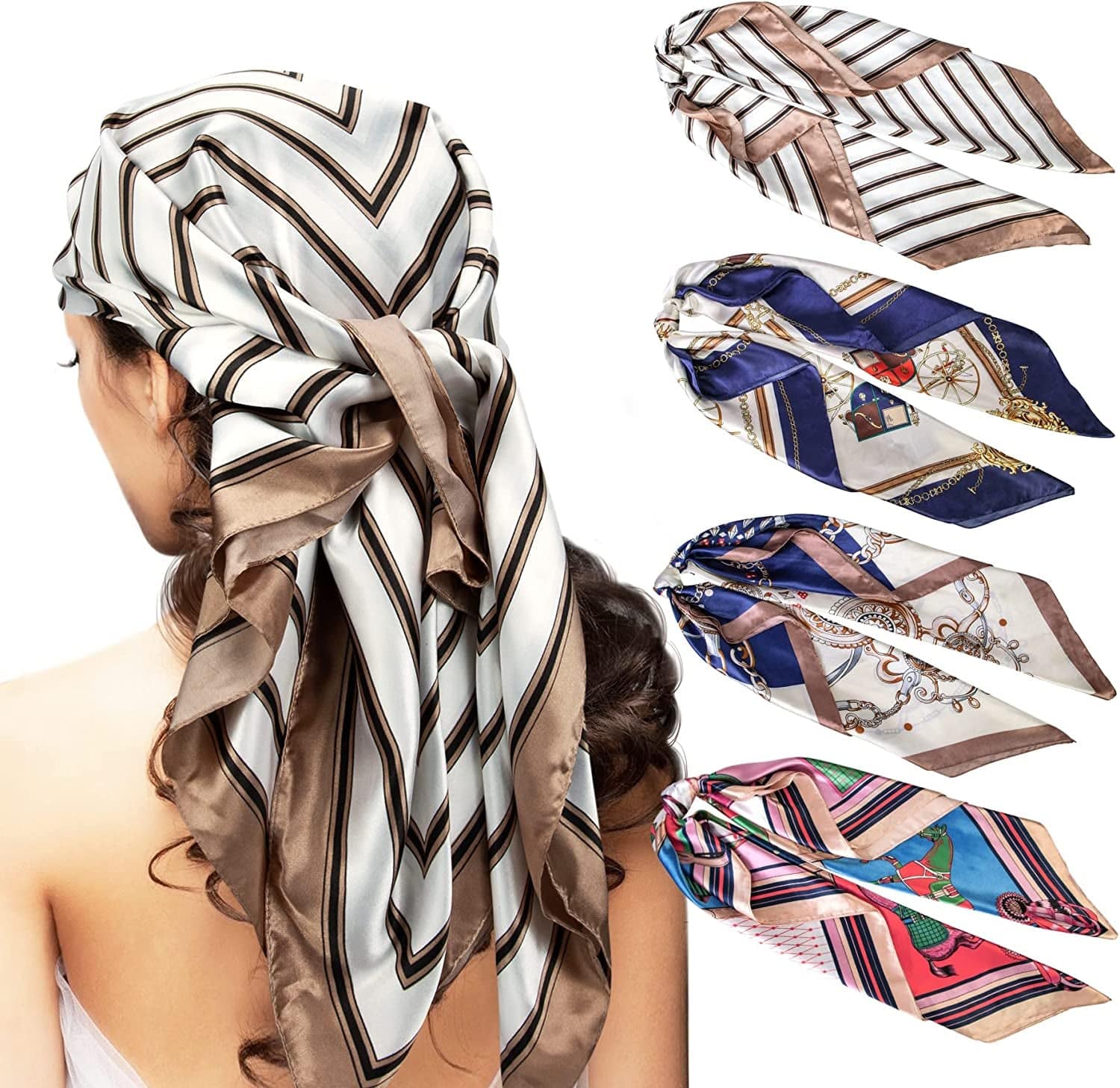 4 Pcs Silk Feeling Head Scarf for Women, 35 X 35 Inches Silky Satin Neck Head Hair Scarf for Women Fashion Gifts Apparel & Accessories > Clothing Accessories > Bandanas & Headties Chalier Fashion Off-white  