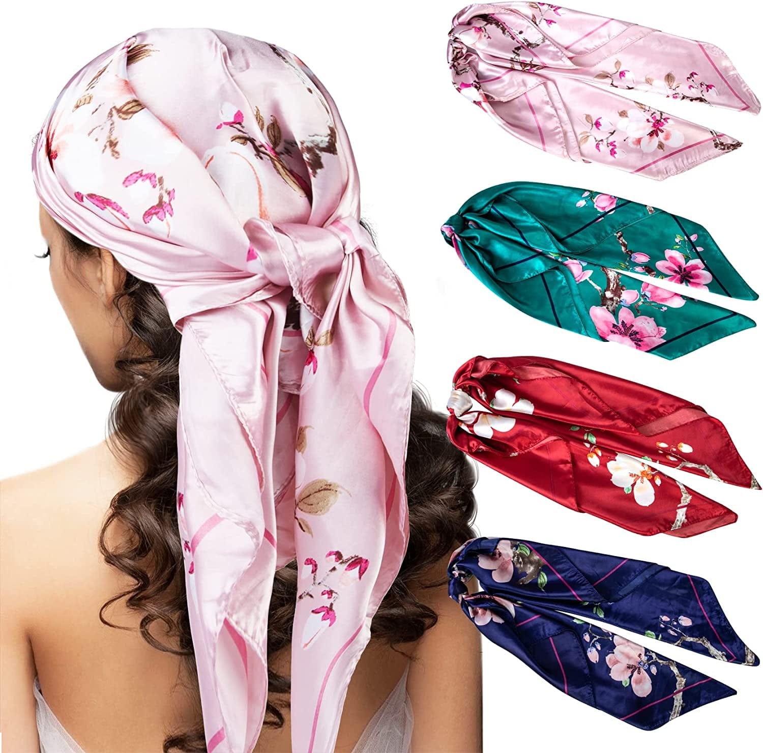 4 Pcs Silk Feeling Head Scarf for Women, 35 X 35 Inches Silky Satin Neck Head Hair Scarf for Women Fashion Gifts Apparel & Accessories > Clothing Accessories > Bandanas & Headties Chalier Fashion Brick Red  