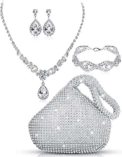 4 Pcs Silver Purse Jewelry Set for Women Rhinestone Wedding Bride Jewelry Prom Evening Party Accessories Silver Clutch Purse Modern Style