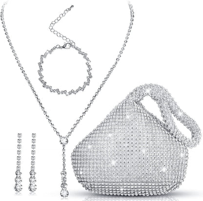 4 Pcs Silver Purse Jewelry Set for Women Rhinestone Wedding Bride Jewelry Prom Evening Party Accessories Silver Clutch Purse Stylish Style