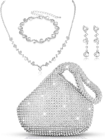 4 Pcs Silver Purse Jewelry Set for Women Rhinestone Wedding Bride Jewelry Prom Evening Party Accessories Silver Clutch Purse Charming Style