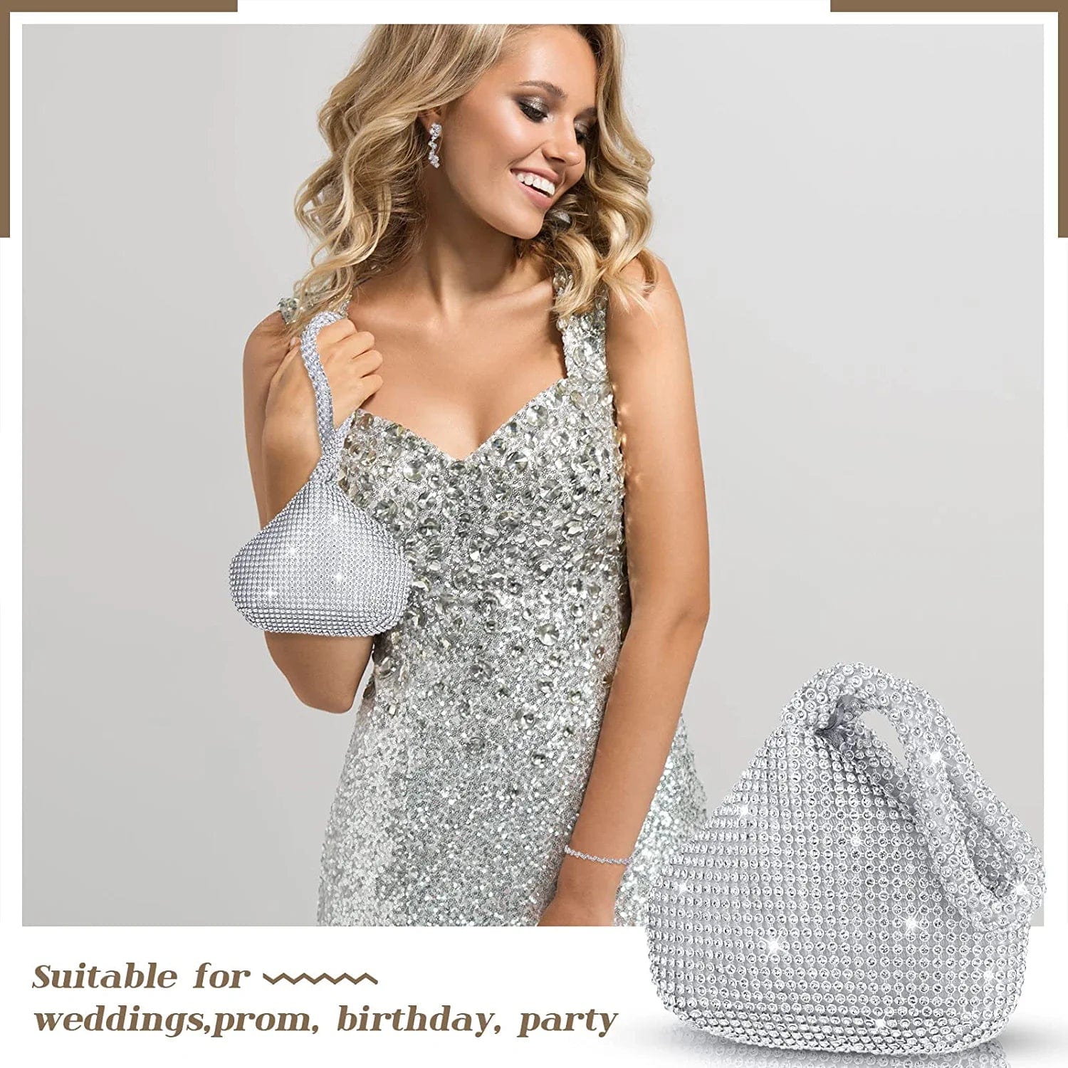 4 Pcs Silver Purse Jewelry Set for Women Rhinestone Wedding Bride Jewelry Prom Evening Party Accessories Silver Clutch Purse