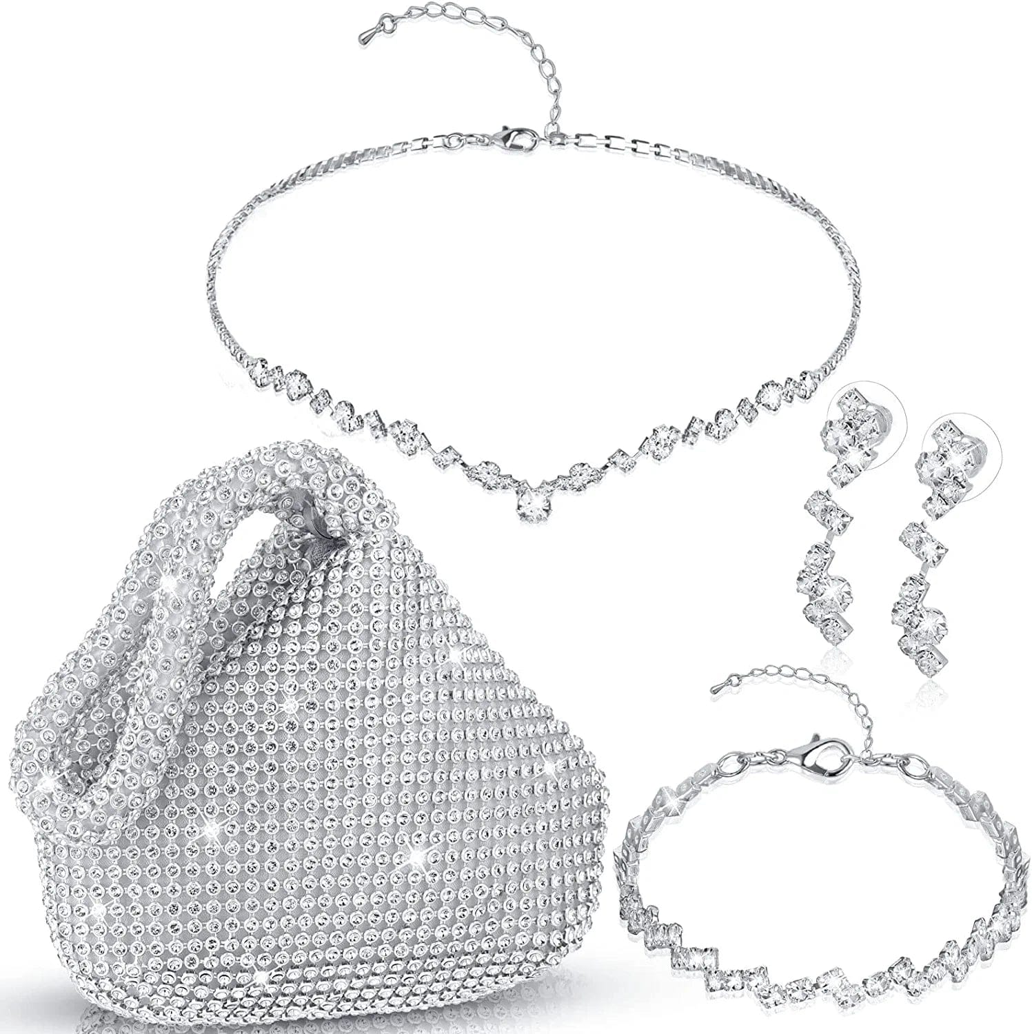 4 Pcs Silver Purse Jewelry Set for Women Rhinestone Wedding Bride Jewelry Prom Evening Party Accessories Silver Clutch Purse Cute Style