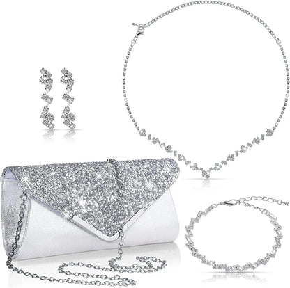 4 Pcs Women Rhinestone Jewelry Sets for Women Wedding Silver Jewelry Set Rhinestone Earrings Necklace Bracelet Evening Bag Handbag Clutch Silver Purses for Women Evening Party Silver / Fresh Style