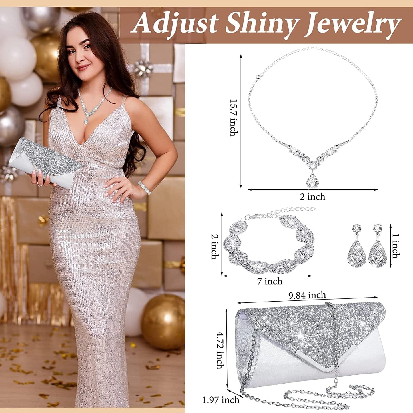 4 Pcs Women Rhinestone Jewelry Sets for Women Wedding Silver Jewelry Set Rhinestone Earrings Necklace Bracelet Evening Bag Handbag Clutch Silver Purses for Women Evening Party