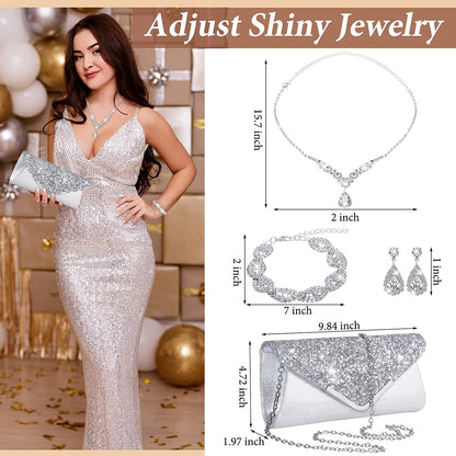4 Pcs Women Rhinestone Jewelry Sets for Women Wedding Silver Jewelry Set Rhinestone Earrings Necklace Bracelet Evening Bag Handbag Clutch Silver Purses for Women Evening Party