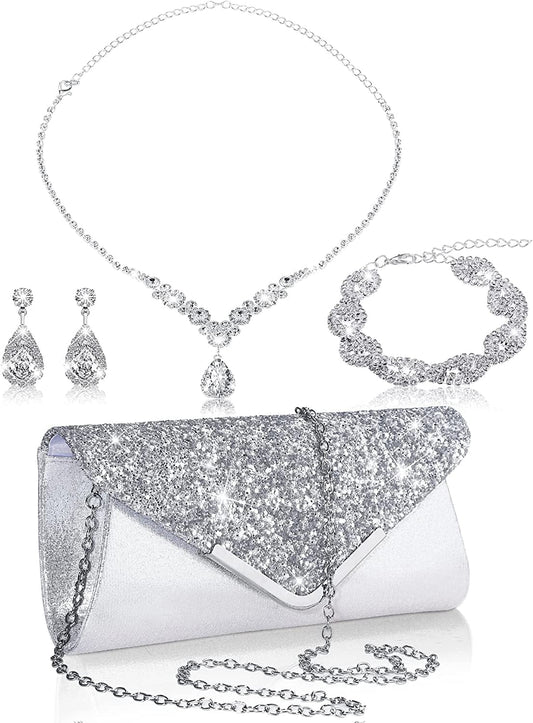 4 Pcs Women Rhinestone Jewelry Sets for Women Wedding Silver Jewelry Set Rhinestone Earrings Necklace Bracelet Evening Bag Handbag Clutch Silver Purses for Women Evening Party silver / Classic Style