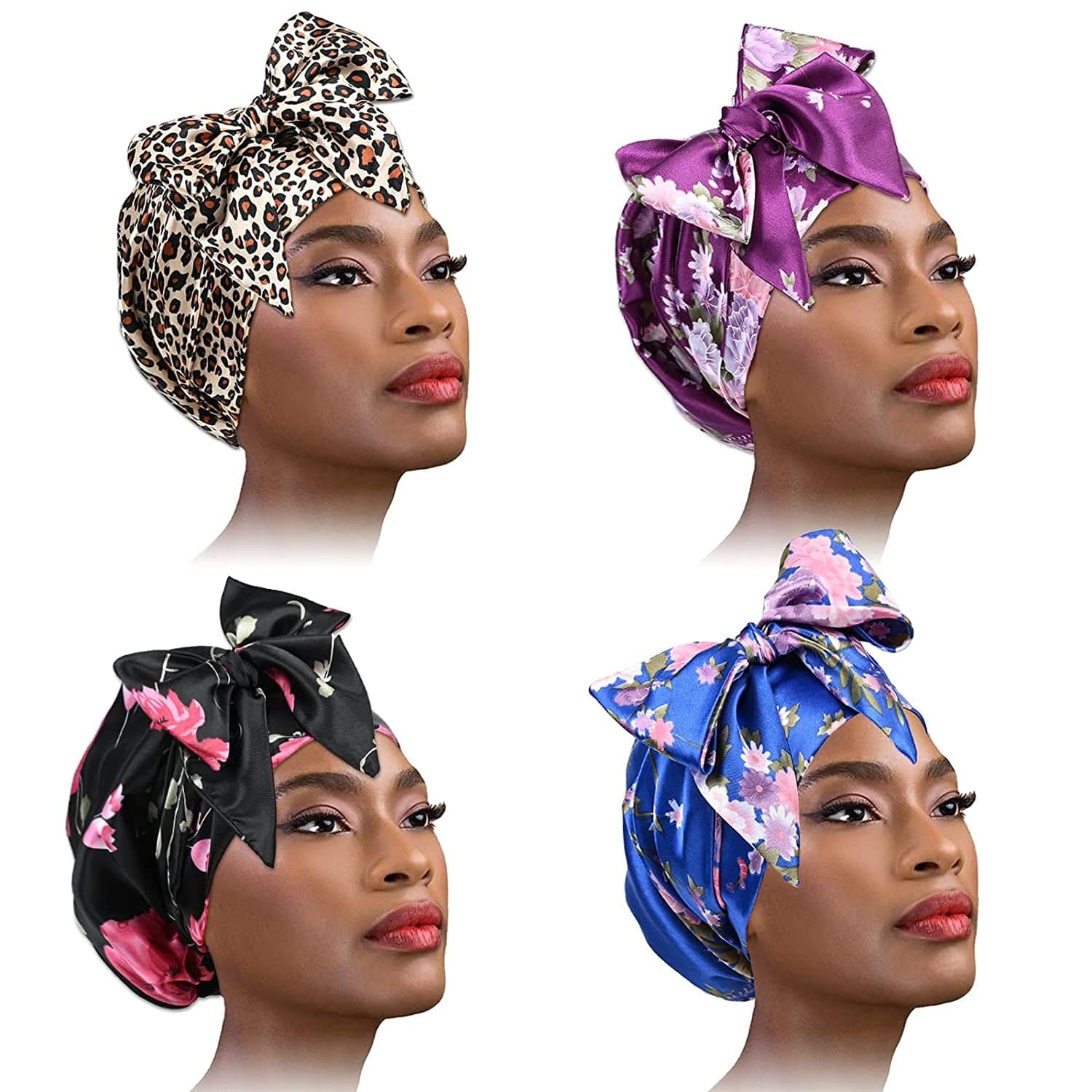 4 Piece Soft Satin Head Scarf Sleeping Cap Turbans Head Cover Bonnet Head Wear for Women (Set of 4) Apparel & Accessories > Clothing Accessories > Headwear YMHPRIDE Black Flower, Blue Flower, Purple Flower, Leopard  