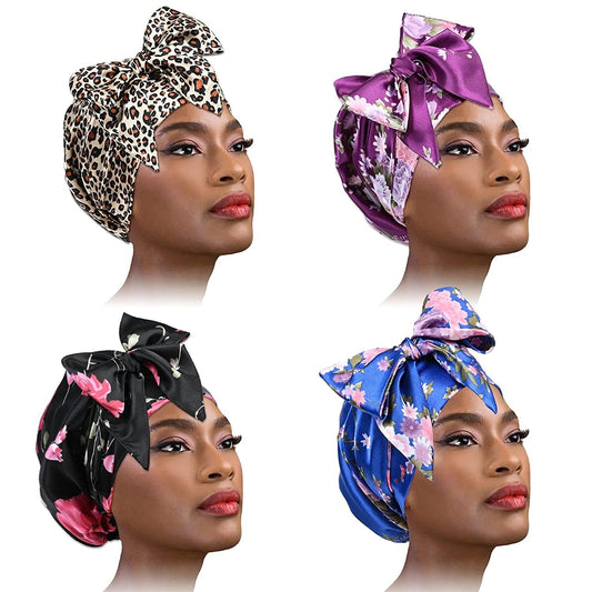 4 Piece Soft Satin Head Scarf Sleeping Cap Turbans Head Cover Bonnet Head Wear for Women (Set of 4) Apparel & Accessories > Clothing Accessories > Headwear YMHPRIDE Black Flower, Blue Flower, Purple Flower, Leopard  