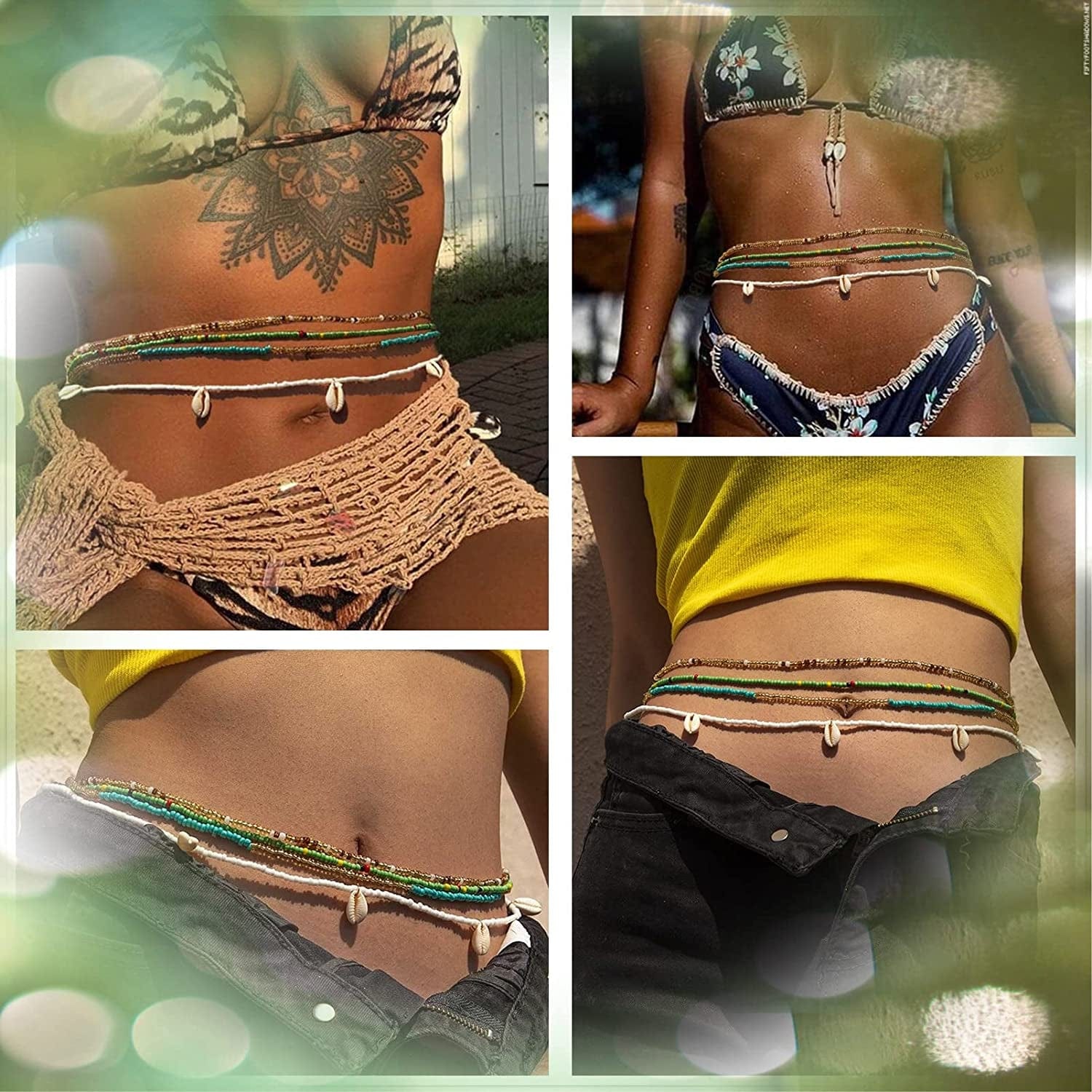 4 Piece Summer Boho Jewelry Waist Bead Set Colourful Shell Layered Beaded Belly Chains Bead African Waist Bead Body Chain Bikini Jewelry for Women and Girls Apparel & Accessories > Jewelry > Body Jewelry Fodmua   