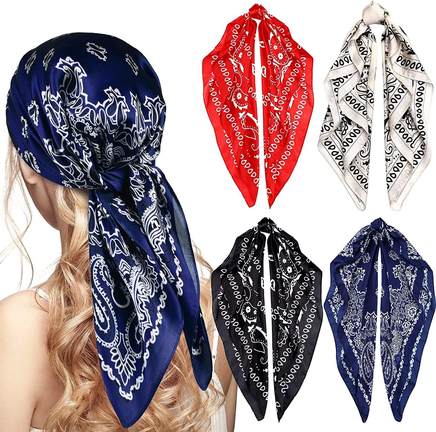 4 Pieces 27 Inch Satin Headband Scarves Silk Feeling Bandana Boho Head Scarves for Women Girls Apparel & Accessories > Clothing Accessories > Bandanas & Headties Syhood Navy Blue, Red, Black, Beige  