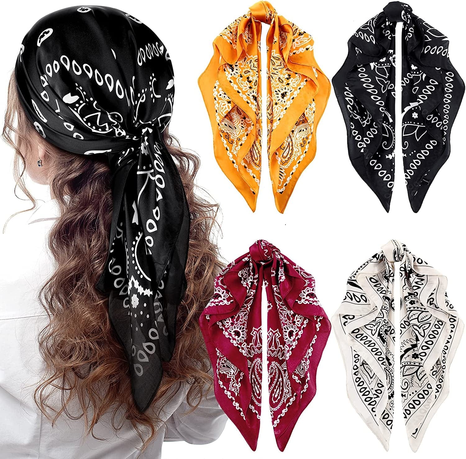 4 Pieces 27 Inch Satin Headband Scarves Silk Feeling Bandana Boho Head Scarves for Women Girls Apparel & Accessories > Clothing Accessories > Bandanas & Headties Syhood Black, Wine, Yellow, Beige  