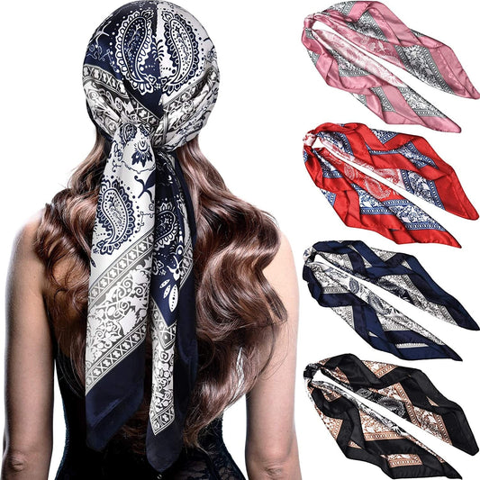 4 Pieces 35 Inch Satin Head Scarves Large Square Silk Feeling Satin Head Scarf Boho Hair Bandanas Head Scarves for Women Apparel & Accessories > Clothing Accessories > Bandanas & Headties Syhood Chic Pattern  