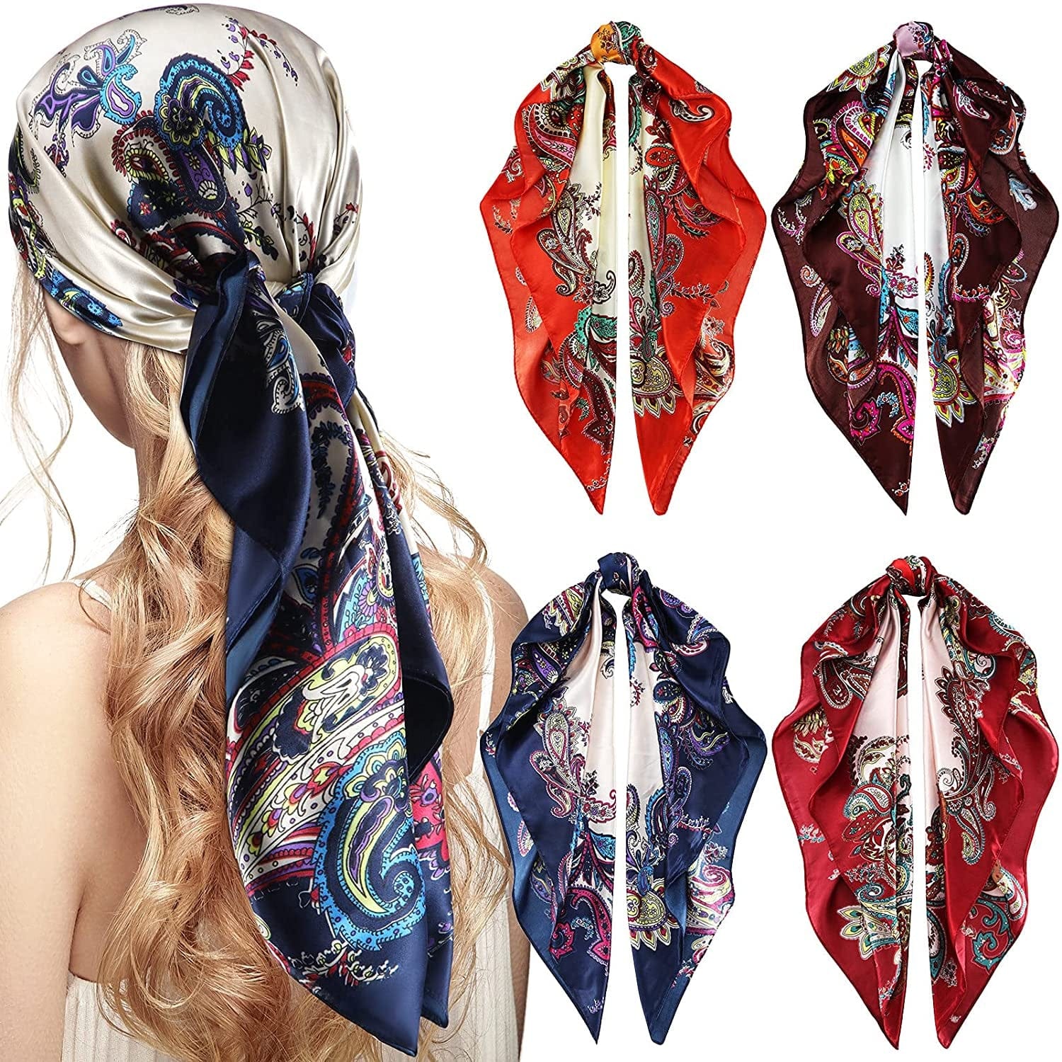 4 Pieces 35 Inch Satin Head Scarves Large Square Silky Feeling Headband Satin Boho Hair Bandanas for Women Girls (Elegant Series) Apparel & Accessories > Clothing Accessories > Bandanas & Headties Honoson Elegant Series  