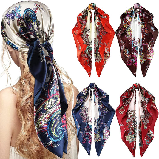 4 Pieces 35 Inch Satin Head Scarves Large Square Silky Feeling Headband Satin Boho Hair Bandanas for Women Girls (Elegant Series) Apparel & Accessories > Clothing Accessories > Bandanas & Headties Honoson Elegant Series  