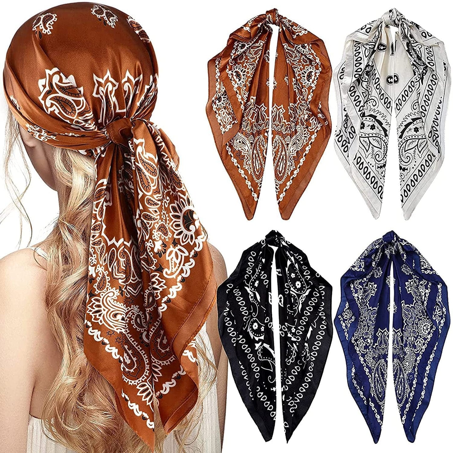 4 Pieces 35 Inch Satin Head Scarves Large Square Silky Feeling Headband Satin Boho Hair Bandanas for Women Girls (Elegant Series) Apparel & Accessories > Clothing Accessories > Bandanas & Headties Honoson Delicate Series  