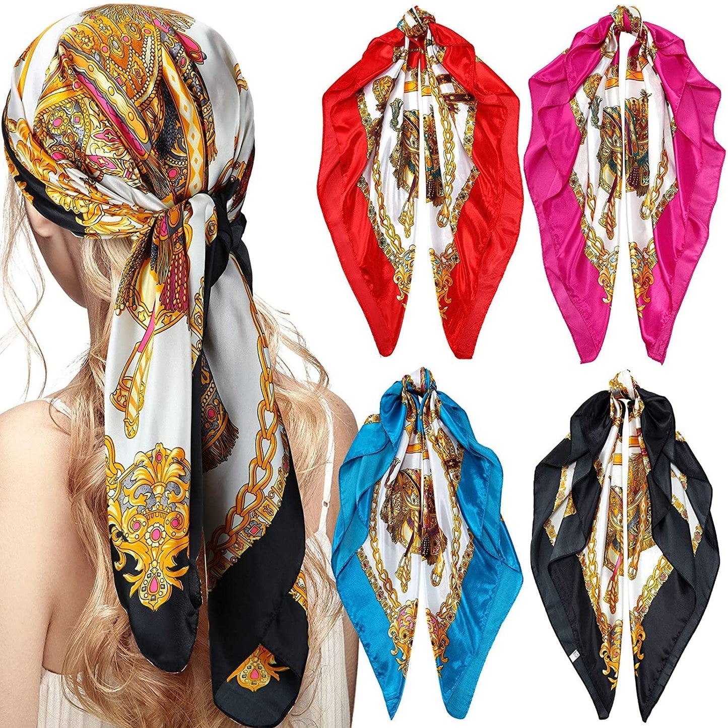4 Pieces 35 Inch Satin Head Scarves Large Square Silky Feeling Headband Satin Boho Hair Bandanas for Women Girls (Elegant Series) Apparel & Accessories > Clothing Accessories > Bandanas & Headties Honoson Stylish Series  