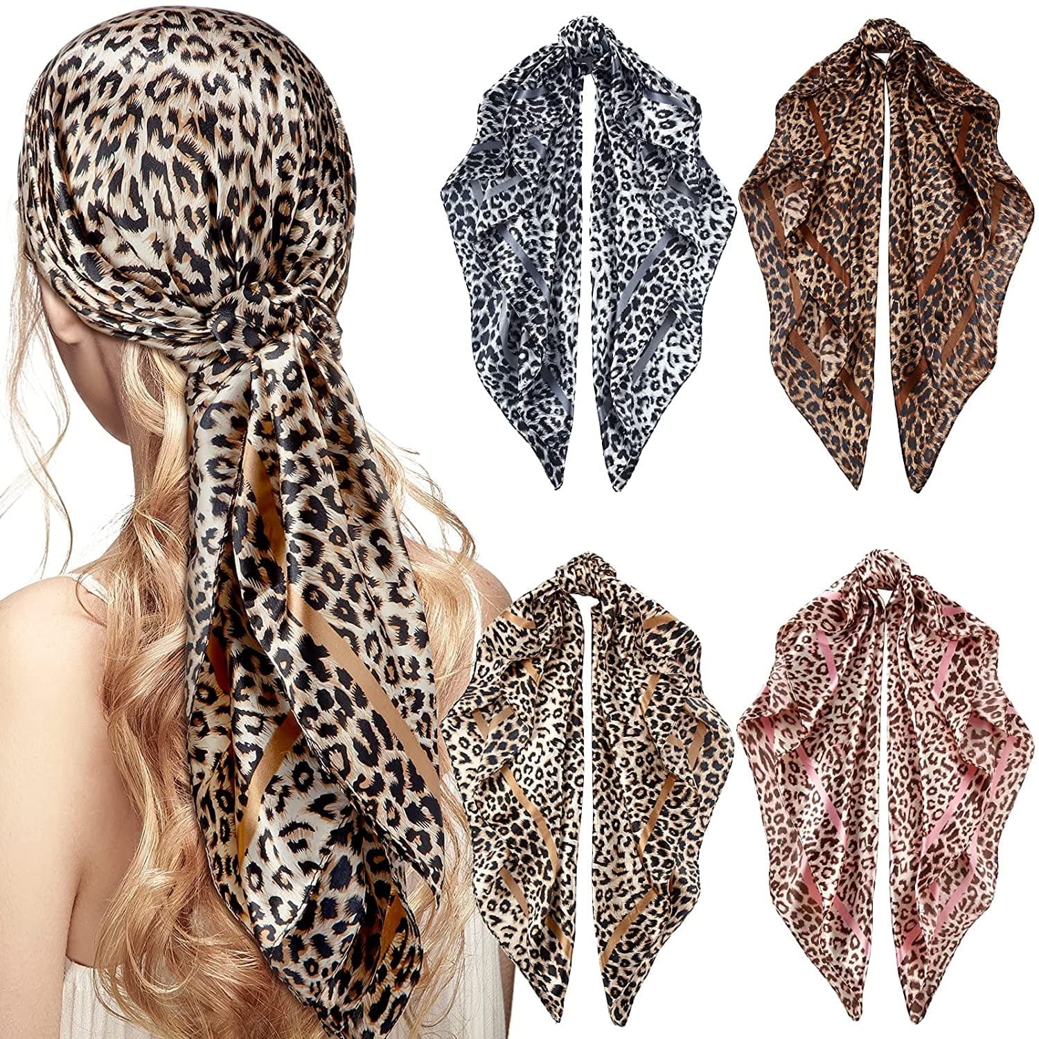 4 Pieces 35 Inch Satin Head Scarves Large Square Silky Feeling Headband Satin Boho Hair Bandanas for Women Girls (Elegant Series) Apparel & Accessories > Clothing Accessories > Bandanas & Headties Honoson Leopard Series  